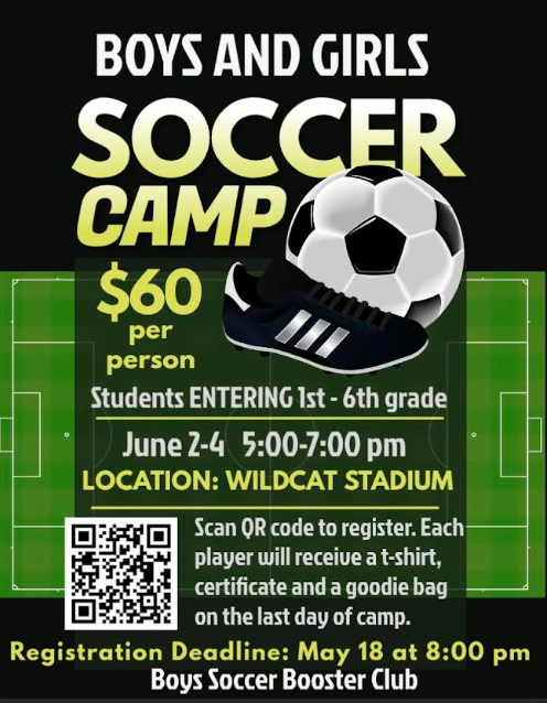 Lace up those cleats! ⚽️ We are so excited to announce our upcoming Boys and Girls Soccer Camp at Wildcat Stadium!  This is a fantastic opportunity for our incoming 1st–6th graders to sharpen their skills, make new friends, and get active. Every camper walks away with a t-shirt, a certificate, and a goody bag! 🎒✨  When: June 2-4 | 5:00 PM - 7:00 PM  Where: Wildcat Stadium  Deadline: Register by May 18 at 8:00 PM!