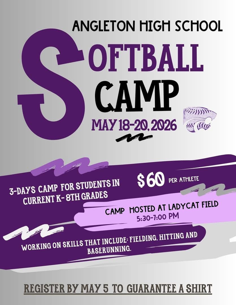 Angleton High School is hosting a 3-day Softball Camp for students in grades K-8! Whether they’re working on that swing or mastering the infield, it’s going to be an incredible three days of growth and fun at Ladycat Field.  💰 Cost: $60 per athlete 📅 Dates: May 18-20 ⏰ Time: 5:30 PM - 7:00 PM  Don't forget: Register by May 5 to guarantee your t-shirt! See you on the field!