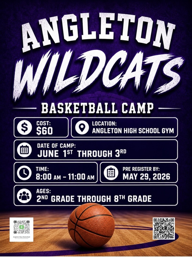 We are officially gearing up for the Angleton Wildcats Basketball Camp. It’s going to be three days of high-energy fun and skill-building. Check the details below and make sure to get those pre-registrations in before the deadline!  Cost: $60  Time: 8:00 AM – 11:00 AM  Pre-register by: May 29, 2026  Scan the QR codes in the image to secure your spot. See you in the gym!