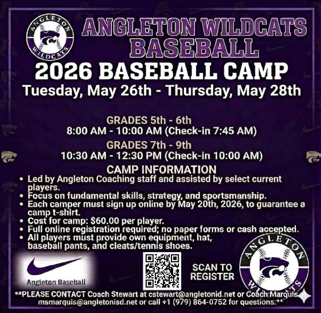 Ready to level up your game? ⚾️  The 2026 Wildcats Baseball Camp is officially open for registration!  Who: Grades 5th – 9th  When: May 26th – 28th  Cost: $60  Don't miss out on three days of skills, strategy, and Wildcat pride. Scan the QR code in the image to get signed up today!