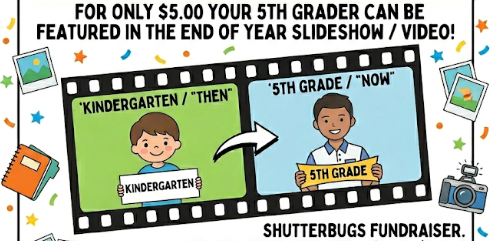 It’s not too late to get your student into the 5th Grade Send-Off video!  We are extending the deadline to Friday, May 15th.  What you get for $5 Cash or https://sfnd.io/839jg :  ✨ Feature in the 5th Grade Slideshow  ✨ A digital link to the final video  ✨ NEW: A printed copy of your student’s "Then & Now" photos!  Send your "Kindergarten" and "Now" photos to Mrs. Powell by Friday. Don’t miss out on this special keepsake! 