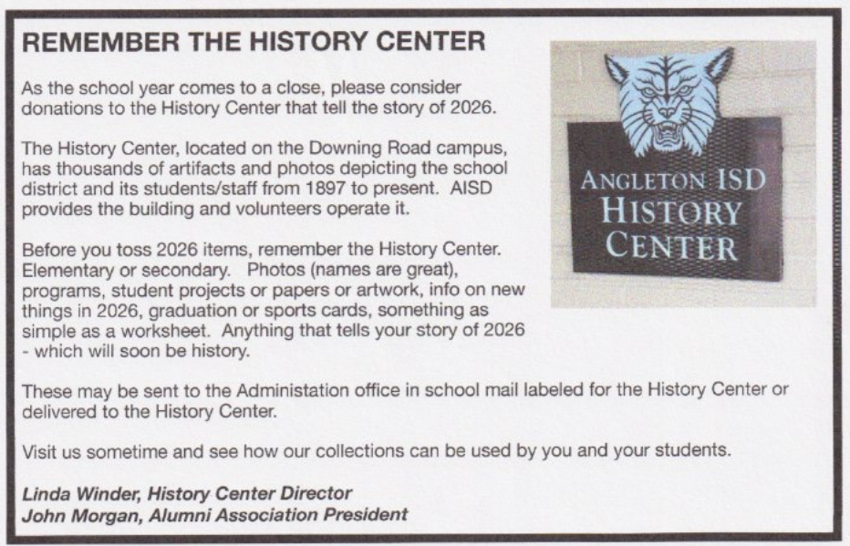 As the school year winds down and the spring cleaning begins, the Angleton ISD History Center has a special request: Before you toss those 2026 mementos, consider donating them!  From student artwork and sports programs to simple classroom worksheets, what seems like "clutter" today is a treasure for tomorrow. Help us tell the story of this year for generations to come. 🐾  Where to drop off: The Administration office (labeled for History Center) or directly to the Downing Road campus.  Questions? Reach out to Linda Winder at lwinder4323@att.net.