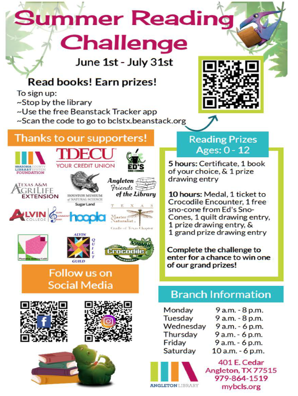 Here are three distinct options for your social media posts, ranging from a "Save the Date" announcement to a focused look at the prizes and community fun.  Option 1: The "Summer Boredom Buster" (Great for Facebook) Goal: Focus on the variety of events to keep kids busy.  Caption: Ready to "Unearth a Story" this summer? 🦖📚  The Angleton Library has an incredible lineup of events starting June 1st! From Dinosaur Discovery to Magic Shows and even a Musical Instrument Petting Zoo, there is something happening almost every week to keep the kids learning and having fun.  Check out the full calendar below and mark your dates! Most programs are perfect for ages 6-11. We can’t wait to see our students exploring the library this summer!