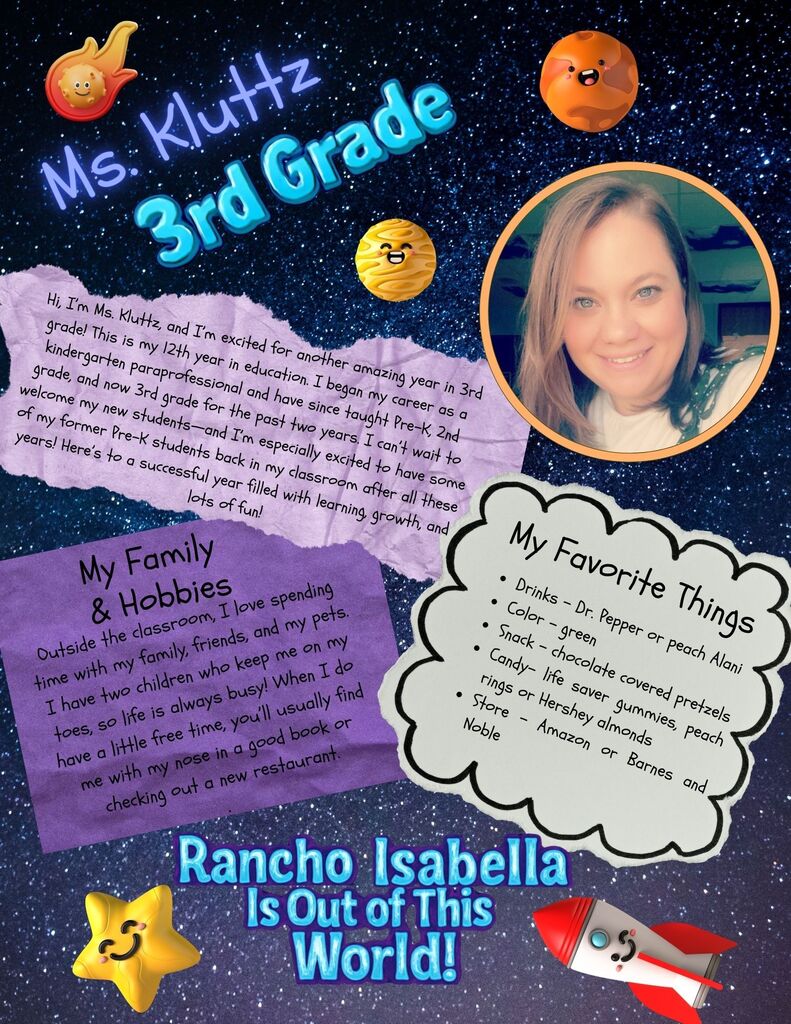 🚀 Rancho Isabella is Out of This World! 🚀 Please help us give a warm welcome to our incredible 3rd Grade Team for the 2026-2027 school year: Ms. Kluttz, Ms. Jones, and Mrs. Edwards! Together, these three amazing educators bring decades of experience, endless energy, and a deep love for our students. From full-circle moments with returning students to hands-on science and history adventures, they are ready to make this year absolutely stellar!