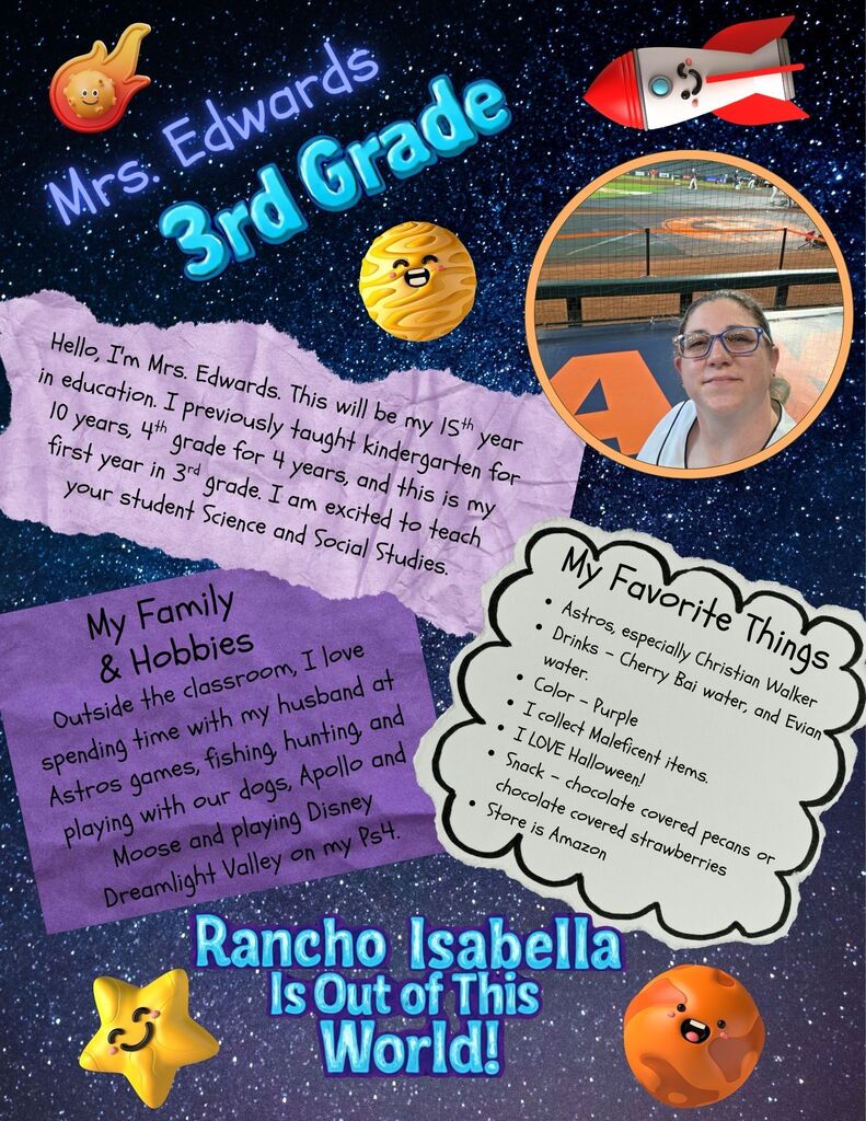 🚀 Rancho Isabella is Out of This World! 🚀 Please help us give a warm welcome to our incredible 3rd Grade Team for the 2026-2027 school year: Ms. Kluttz, Ms. Jones, and Mrs. Edwards! Together, these three amazing educators bring decades of experience, endless energy, and a deep love for our students. From full-circle moments with returning students to hands-on science and history adventures, they are ready to make this year absolutely stellar!