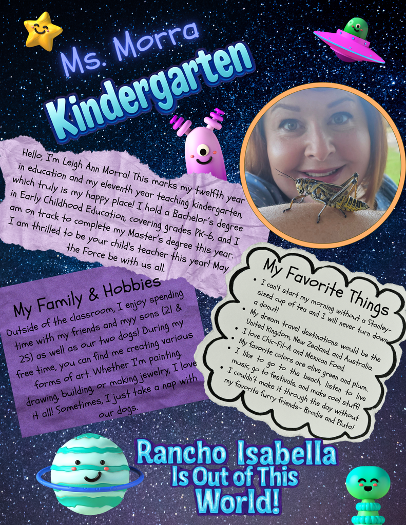 🚀 Rancho Isabella is Out of This World! 🚀 Please help us give a warm welcome to our incredible Kindergarten Team for the 2026-2027 school year: Mrs. Arias and Ms. Morra! Together, these two phenomenal educators bring over two decades of combined educational experience, vibrant creativity, and big hearts dedicated to our youngest learners. From sweet tea and sporting events to creative art projects and out-of-this-world classroom fun, they are ready to make your child’s Kinder year absolutely stellar! May the Force be with us for a fantastic year ahead!