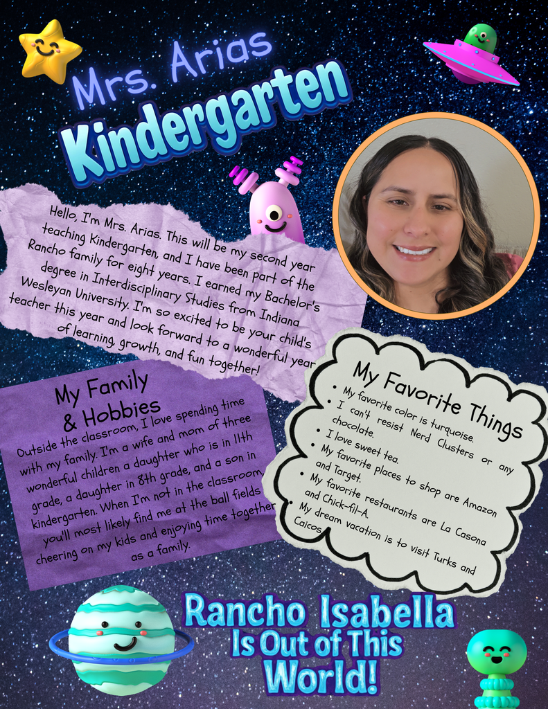 🚀 Rancho Isabella is Out of This World! 🚀 Please help us give a warm welcome to our incredible Kindergarten Team for the 2026-2027 school year: Mrs. Arias and Ms. Morra! Together, these two phenomenal educators bring over two decades of combined educational experience, vibrant creativity, and big hearts dedicated to our youngest learners. From sweet tea and sporting events to creative art projects and out-of-this-world classroom fun, they are ready to make your child’s Kinder year absolutely stellar! May the Force be with us for a fantastic year ahead!