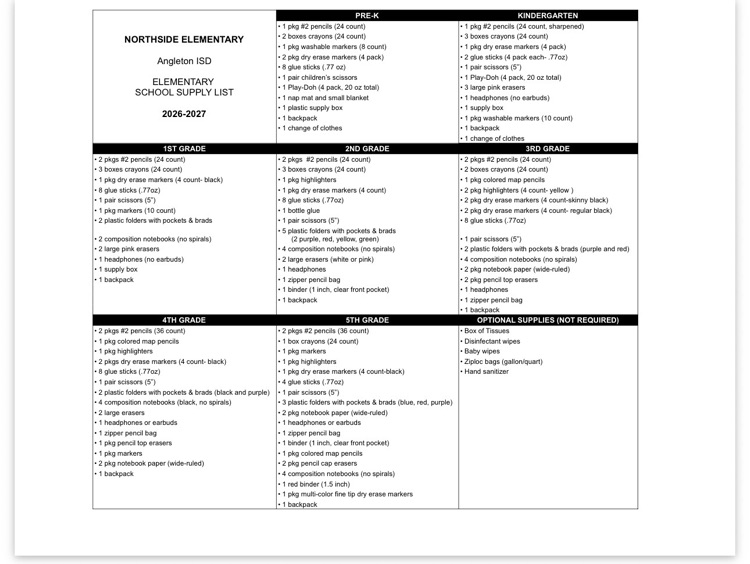 northside elementary 2026-2027 School Supply List 