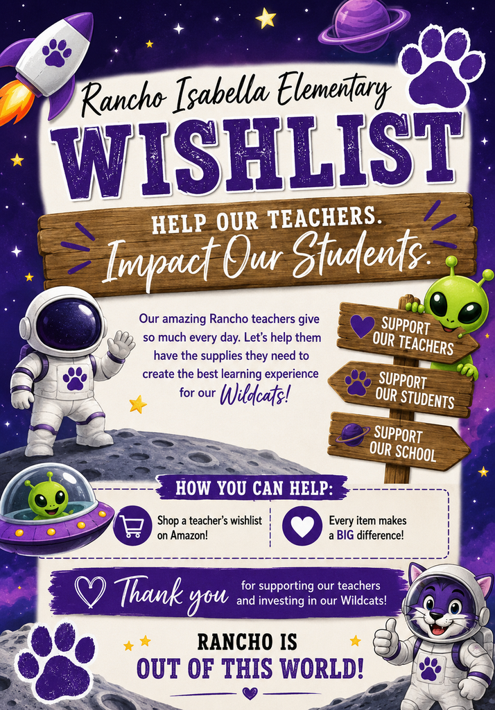 We’re launching into an incredible school year, and we need your help to make it stellar! Our amazing teachers have put together classroom wishlists filled with items that will power up our Wildcats' learning experience daily. Want to help fuel our mission? It’s easy! 🛍️ Browse a teacher’s Amazon Wishlist. 📦 Pick an item to send directly to the classroom! Thank you for investing in our students and making our school universe a brighter place!