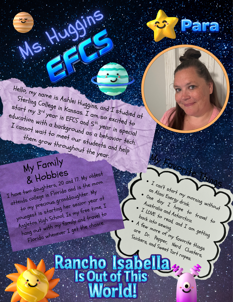 EFCS Teacher Spotlight! Help us welcome Mrs. Greaves, Mrs. Davis, and Ms. Huggins to the 2026–2027 school year! With Mrs. Greaves leading the classroom with 12 years of experience, and Mrs. Davis & Ms. Huggins bringing dedicated experience and heart as paras, our students are in out-of-this-world hands! From volleyball and camping to craft projects and travel dreams, this team brings so much joy and warmth to our campus. We can’t wait for an incredible year together!