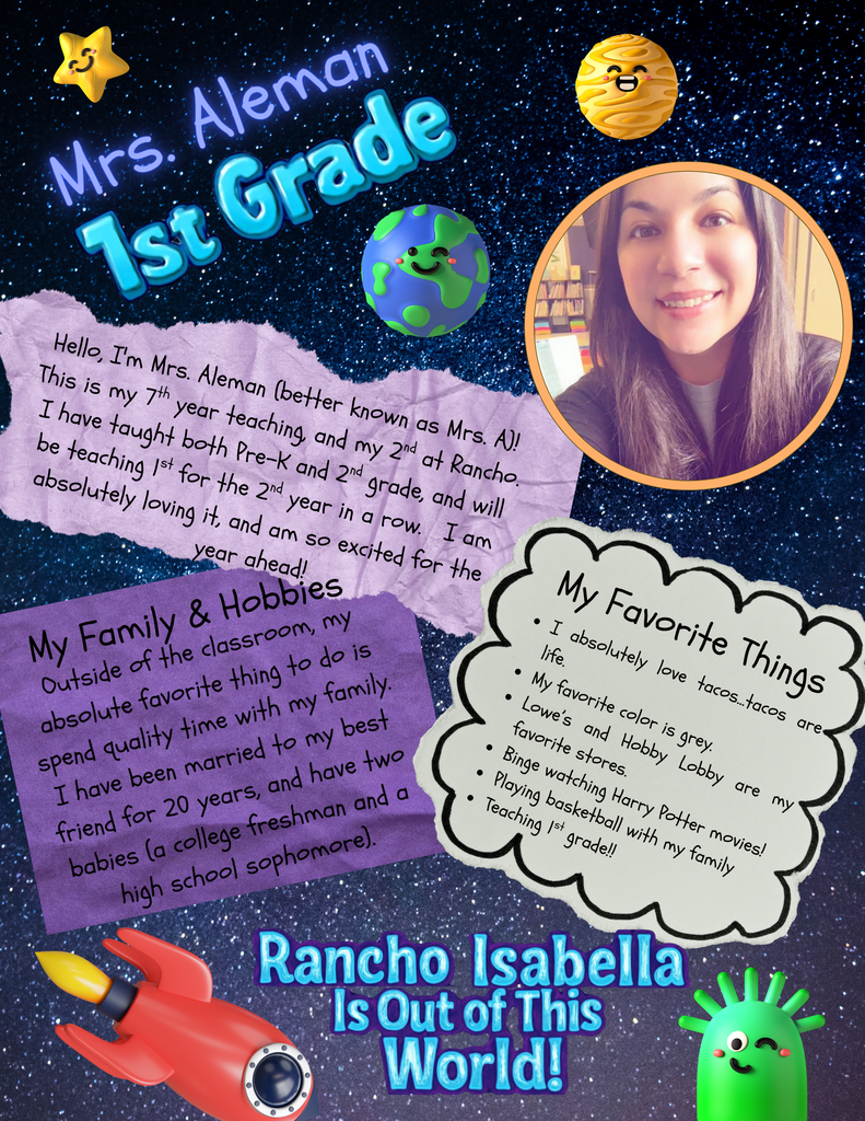Help us give an "Out of This World" welcome to Mrs. Aleman and Mrs. Buchanan for the 2026–2027 school year! With Mrs. Aleman (Mrs. A) entering her 7th year of teaching and bringing her love for tacos, Harry Potter movie marathons, and family basketball games, alongside Mrs. Buchanan (Mrs. B) bringing 12 years of education experience, her Aggie pride (WHOOP!), and a love for fall weather, 90s country music, and outdoor adventures, our 1st graders are in for an incredible year full of fun, learning, and growth! 