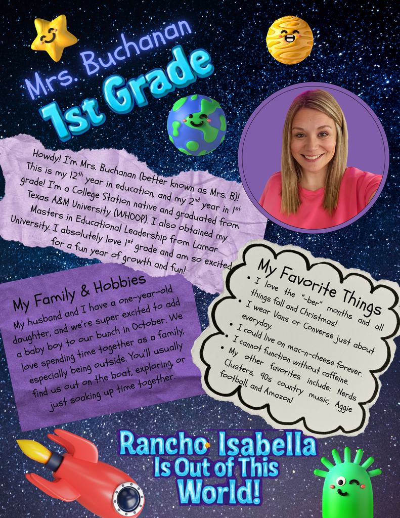 Help us give an "Out of This World" welcome to Mrs. Aleman and Mrs. Buchanan for the 2026–2027 school year! With Mrs. Aleman (Mrs. A) entering her 7th year of teaching and bringing her love for tacos, Harry Potter movie marathons, and family basketball games, alongside Mrs. Buchanan (Mrs. B) bringing 12 years of education experience, her Aggie pride (WHOOP!), and a love for fall weather, 90s country music, and outdoor adventures, our 1st graders are in for an incredible year full of fun, learning, and growth! 
