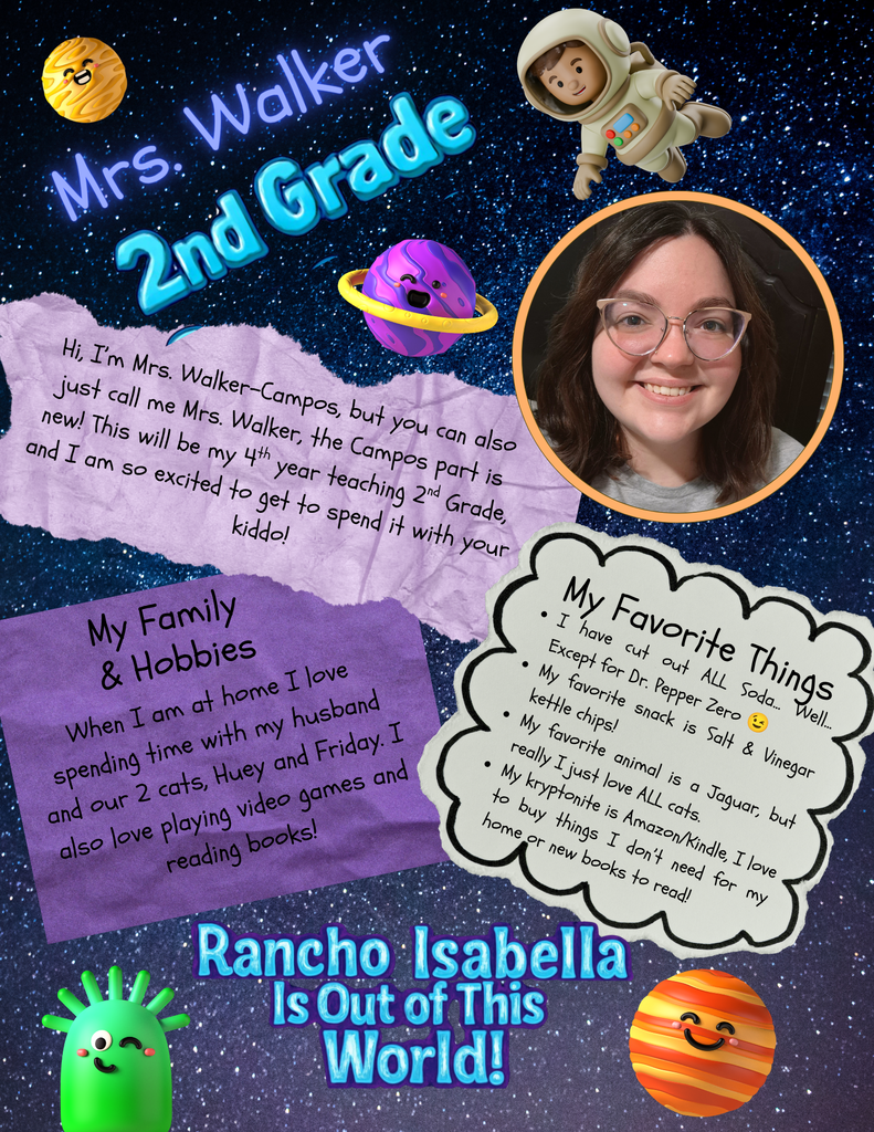 Help us give an "Out of This World" welcome to Ms. Jackson-Brown and Mrs. Walker for the 2026–2027 school year! With Ms. Jackson-Brown bringing over 18 years of experience teaching 2nd grade, a love for bookstores, traveling, and spending time with her family and grandkids, alongside Mrs. Walker (Walker-Campos) entering her 4th year in 2nd grade with her love for gaming, reading on her Kindle, salt & vinegar chips, Dr. Pepper Zero, and her two cats, our 2nd graders are set for a fantastic year filled with learning, fun, and growth! 