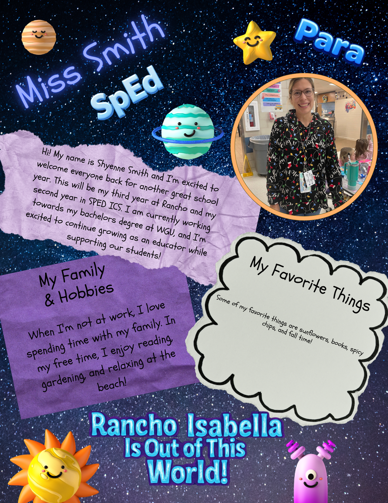 Help us give an "Out of This World" welcome to Mrs. Edinger, Mrs. Ragan, and Miss Smith for the 2026–2027 school year! 🚀 With Mrs. Edinger bringing 25 years of Special Education experience, a Master’s degree, and a love for gardening, golfing, and cornhole, Mrs. Ragan bringing her experience in first grade, her master's studies, and a passion for supporting inclusion, fun glasses, and family pizza nights, and Miss Smith entering her third year at Rancho while working toward her bachelor's degree, enjoying beach days, sunflowers, and spicy chips, our students are surrounded by so much heart, encouragement, and support! 🌟  