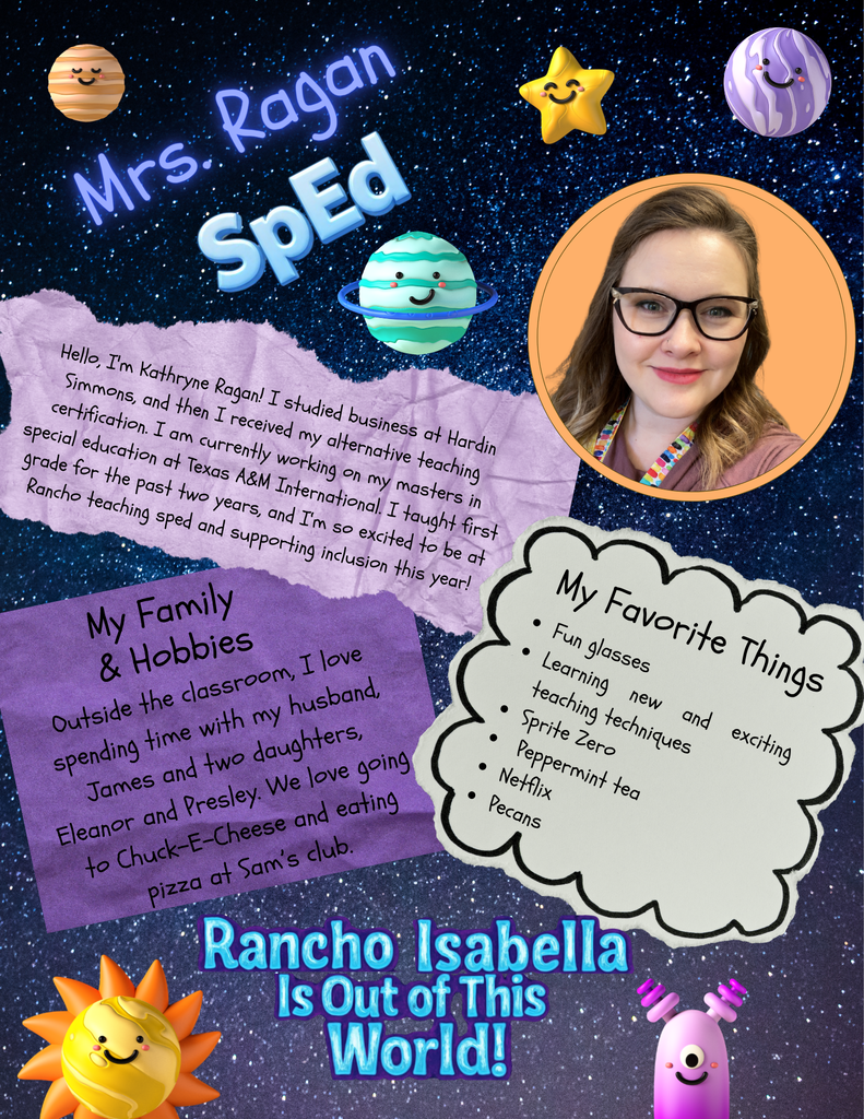Help us give an "Out of This World" welcome to Mrs. Edinger, Mrs. Ragan, and Miss Smith for the 2026–2027 school year! 🚀 With Mrs. Edinger bringing 25 years of Special Education experience, a Master’s degree, and a love for gardening, golfing, and cornhole, Mrs. Ragan bringing her experience in first grade, her master's studies, and a passion for supporting inclusion, fun glasses, and family pizza nights, and Miss Smith entering her third year at Rancho while working toward her bachelor's degree, enjoying beach days, sunflowers, and spicy chips, our students are surrounded by so much heart, encouragement, and support! 🌟  