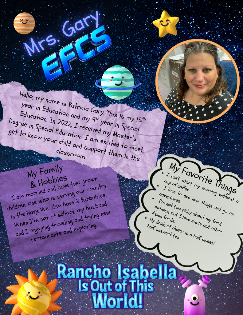 Help us give an "Out of This World" welcome to Mrs. Gary and Miss Garcia for the 2026–2027 school year! 🚀 With Mrs. Gary bringing 15 years in education, a Master’s degree in Special Education, and a passion for traveling, exploring new restaurants, and sushi, alongside Miss Garcia entering her 3rd year at Rancho, working toward her bachelor's degree, and fueling her busy days of marathon training and pickleball with coffee and white cheddar popcorn, our EFCS students are in for an amazing year of support and growth! 🌟  