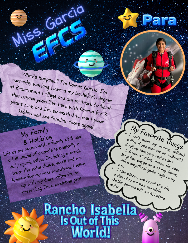 Help us give an "Out of This World" welcome to Mrs. Gary and Miss Garcia for the 2026–2027 school year! 🚀 With Mrs. Gary bringing 15 years in education, a Master’s degree in Special Education, and a passion for traveling, exploring new restaurants, and sushi, alongside Miss Garcia entering her 3rd year at Rancho, working toward her bachelor's degree, and fueling her busy days of marathon training and pickleball with coffee and white cheddar popcorn, our EFCS students are in for an amazing year of support and growth! 🌟  