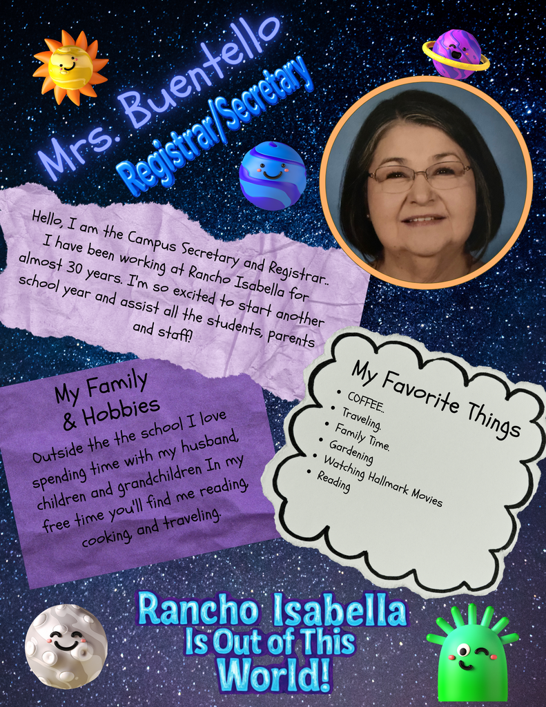 Help us give an "Out of This World" welcome to our amazing front office team for the 2026–2027 school year! 🚀 With Mrs. Buentello (Campus Secretary/Registrar) bringing nearly 30 years of experience to Rancho alongside her love for family time, gardening, cooking, and Hallmark movies, Ms. Dorsey (Office Asst.) returning for her 3rd year with a passion for Astros baseball, movies, reading, and spending time with her 3 kids, Mrs. Dietz (Nurse) marking 10 years with Angleton ISD and 30+ years as an LVN while loving baking, sewing, and mysteries, Mrs. Gebert (Instructional Asst.) returning for year 6 with her love for traveling to see her grandbabies, penguins, and non-fiction books, and Mrs. Perez (Attendance Clerk, previously Coach Perez) stepping into her new office role while studying business management, hand crocheting, and cheering on her kids in sports, our front office is ready to greet you with warmth and support all year long! 🌟