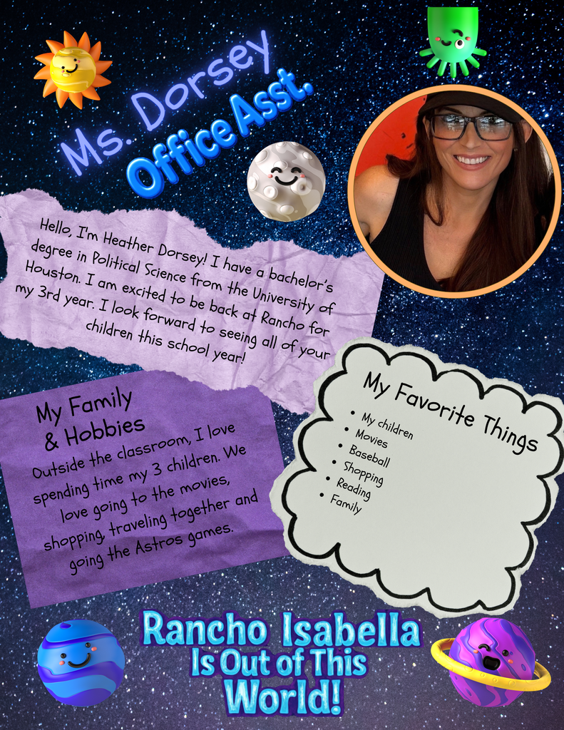 Help us give an "Out of This World" welcome to our amazing front office team for the 2026–2027 school year! 🚀 With Mrs. Buentello (Campus Secretary/Registrar) bringing nearly 30 years of experience to Rancho alongside her love for family time, gardening, cooking, and Hallmark movies, Ms. Dorsey (Office Asst.) returning for her 3rd year with a passion for Astros baseball, movies, reading, and spending time with her 3 kids, Mrs. Dietz (Nurse) marking 10 years with Angleton ISD and 30+ years as an LVN while loving baking, sewing, and mysteries, Mrs. Gebert (Instructional Asst.) returning for year 6 with her love for traveling to see her grandbabies, penguins, and non-fiction books, and Mrs. Perez (Attendance Clerk, previously Coach Perez) stepping into her new office role while studying business management, hand crocheting, and cheering on her kids in sports, our front office is ready to greet you with warmth and support all year long! 🌟