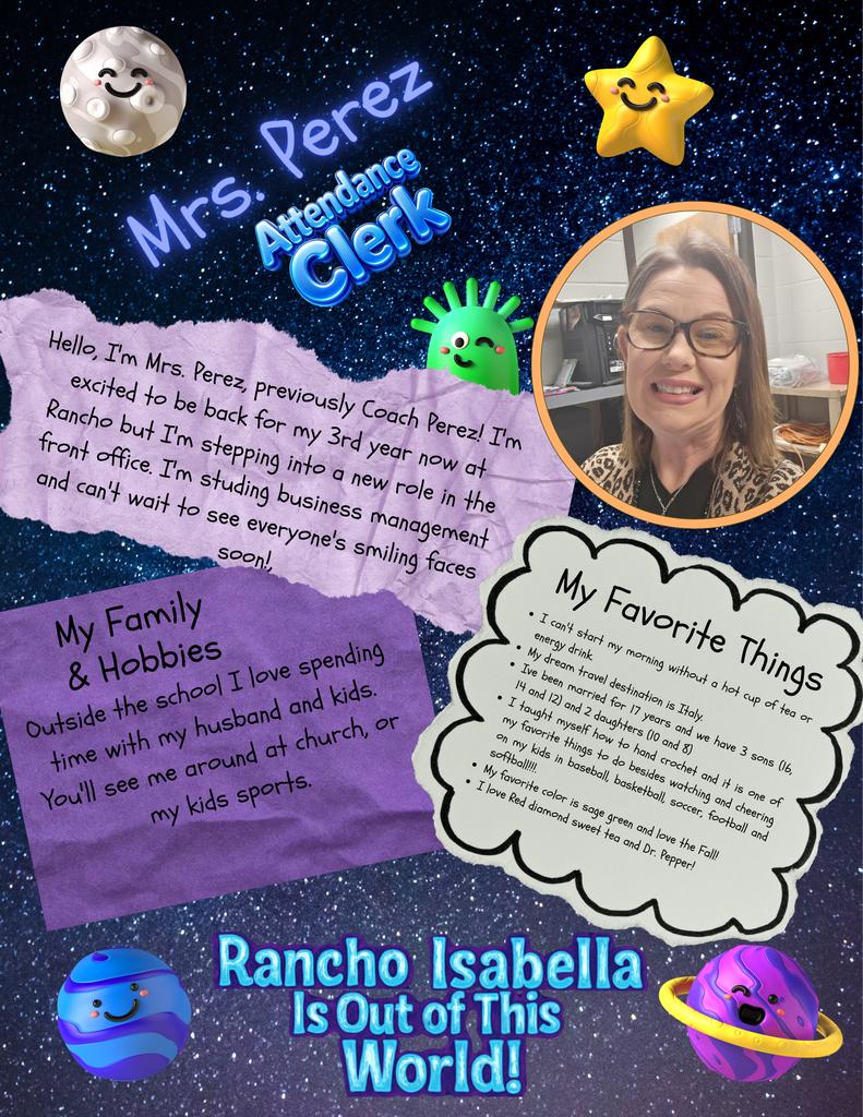 Help us give an "Out of This World" welcome to our amazing front office team for the 2026–2027 school year! 🚀 With Mrs. Buentello (Campus Secretary/Registrar) bringing nearly 30 years of experience to Rancho alongside her love for family time, gardening, cooking, and Hallmark movies, Ms. Dorsey (Office Asst.) returning for her 3rd year with a passion for Astros baseball, movies, reading, and spending time with her 3 kids, Mrs. Dietz (Nurse) marking 10 years with Angleton ISD and 30+ years as an LVN while loving baking, sewing, and mysteries, Mrs. Gebert (Instructional Asst.) returning for year 6 with her love for traveling to see her grandbabies, penguins, and non-fiction books, and Mrs. Perez (Attendance Clerk, previously Coach Perez) stepping into her new office role while studying business management, hand crocheting, and cheering on her kids in sports, our front office is ready to greet you with warmth and support all year long! 🌟