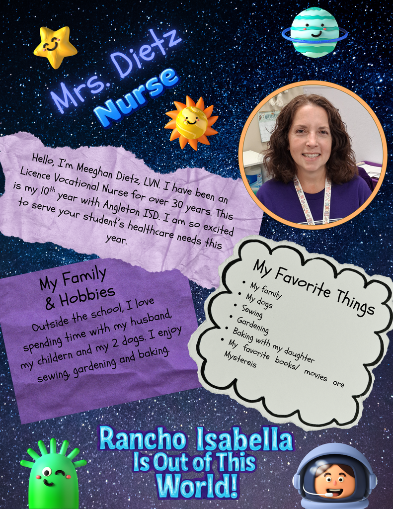 Help us give an "Out of This World" welcome to our amazing front office team for the 2026–2027 school year! 🚀 With Mrs. Buentello (Campus Secretary/Registrar) bringing nearly 30 years of experience to Rancho alongside her love for family time, gardening, cooking, and Hallmark movies, Ms. Dorsey (Office Asst.) returning for her 3rd year with a passion for Astros baseball, movies, reading, and spending time with her 3 kids, Mrs. Dietz (Nurse) marking 10 years with Angleton ISD and 30+ years as an LVN while loving baking, sewing, and mysteries, Mrs. Gebert (Instructional Asst.) returning for year 6 with her love for traveling to see her grandbabies, penguins, and non-fiction books, and Mrs. Perez (Attendance Clerk, previously Coach Perez) stepping into her new office role while studying business management, hand crocheting, and cheering on her kids in sports, our front office is ready to greet you with warmth and support all year long! 🌟