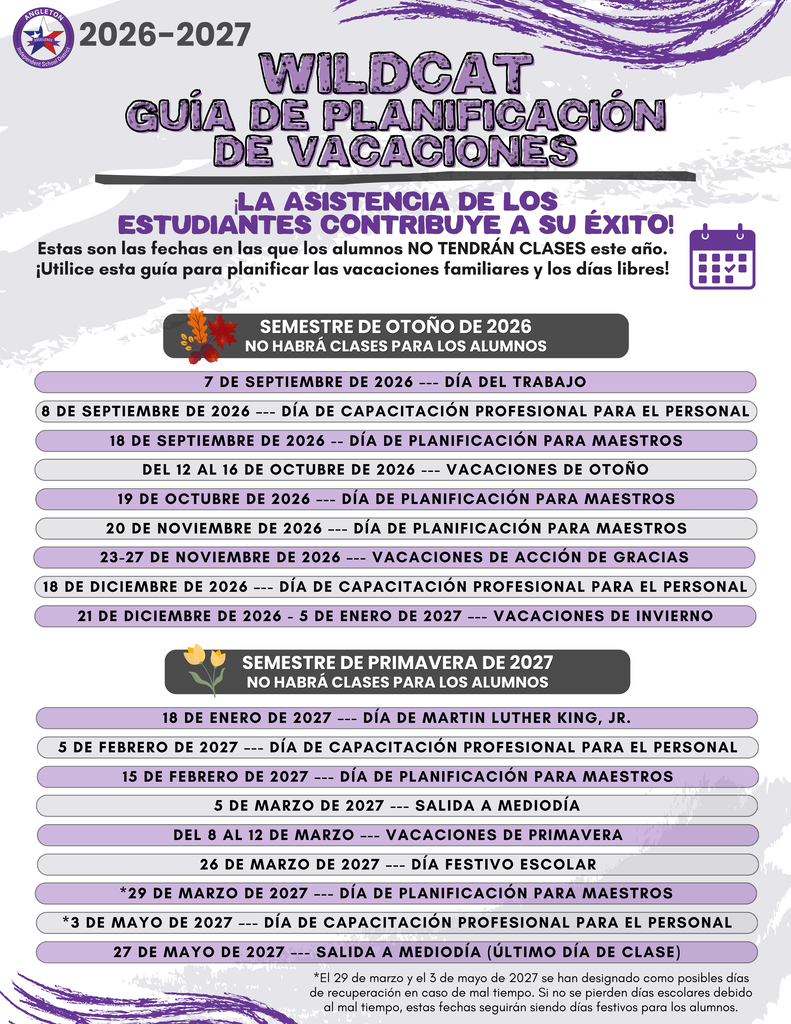 2026-2027 Wildcat Vacation Planning Guide - Spanish