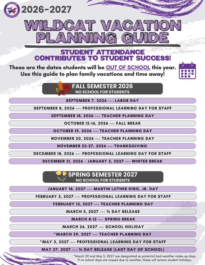 2026-2027 Wildcat Vacation Planning Guide