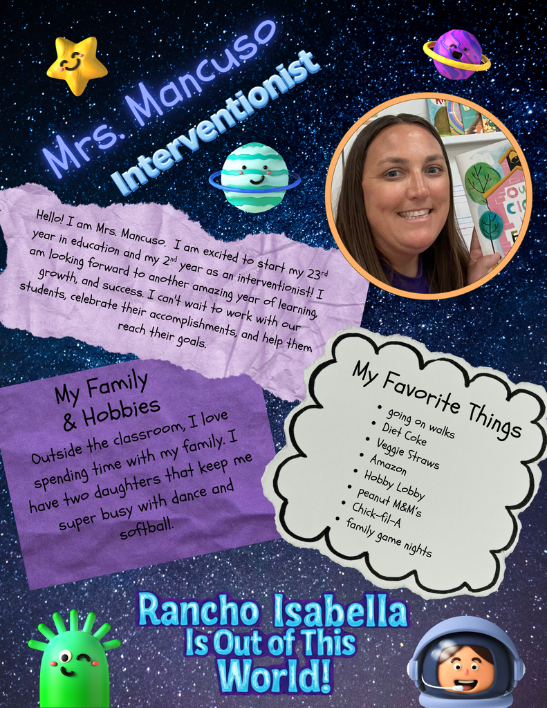 Help us give an "Out of This World" welcome to our Intervention & Support Team—Mrs. Mancuso (Interventionist), Mrs. Valdez (Dyslexia Coach), and Mrs. Taylor (Diagnostician)—for the 2026–2027 school year! With decades of experience between them, this dedicated team brings immense passion to helping every student grow, learn, and succeed. Whether they are supporting reading, creating custom learning plans, or cheering on their own families at game nights and sports events, they are dedicated to giving our students an incredible foundation to reach new heights this year! 