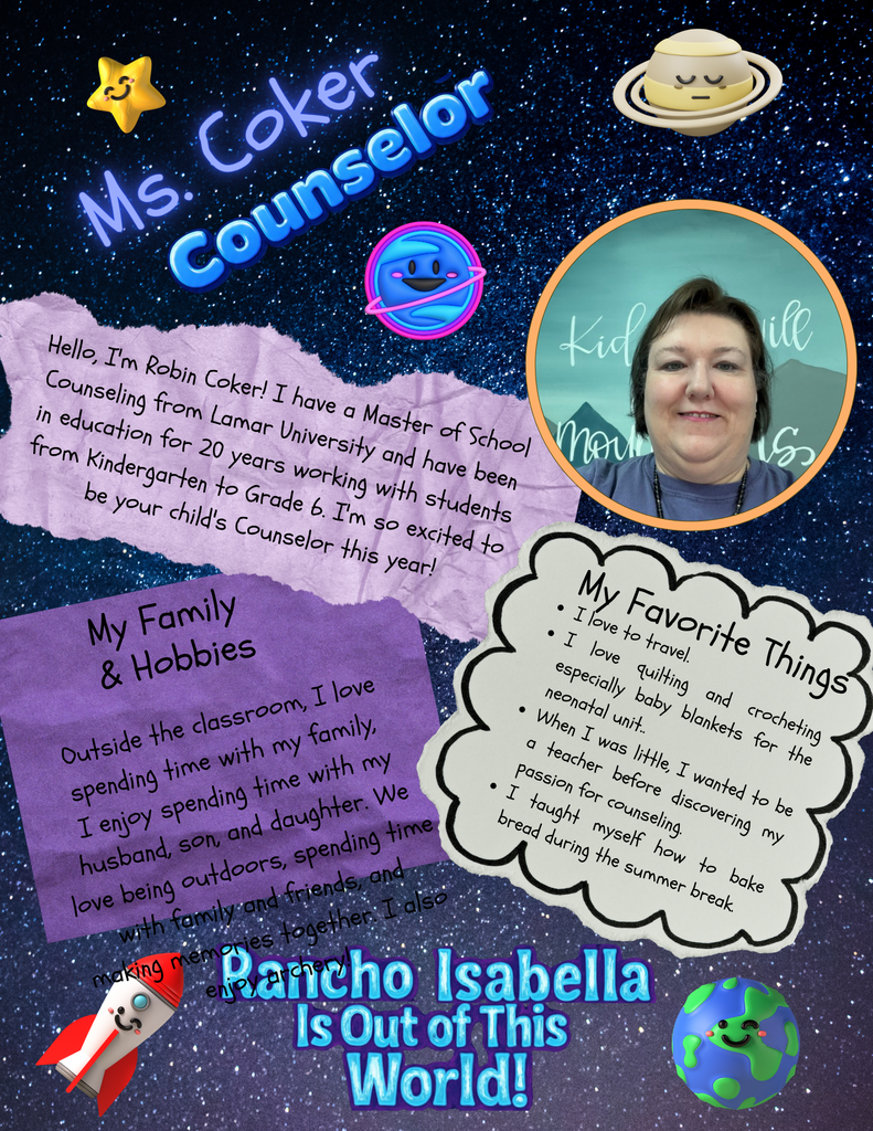 Last but not least help us give an "Out of This World" welcome to our Instructional Leadership Team—Mrs. Gay (Principal), Mrs. Castle (Assistant Principal), Ms. Coker (Counselor), Mrs. Lara (Instructional Coach), and Mrs. Lampe-Anderson (Behavior Coach)—for the 2026–2027 school year! With decades of combined educational experience, advanced degrees, and immense passion for student success, this dynamic group works tirelessly to guide, coach, and support our school community. Whether they are baking, traveling, enjoying the outdoors, or spending time with family, they are leading the way for an extraordinary year at Rancho Isabella! 