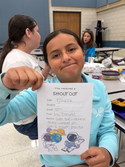 Way to go! Shout-out to this hard-working 5th grader for putting in extra effort! Ms. Trevino wanted to recognize her for using time over the weekend to work on extra math practice. That kind of dedication to learning goes a long way. Keep up the amazing work!