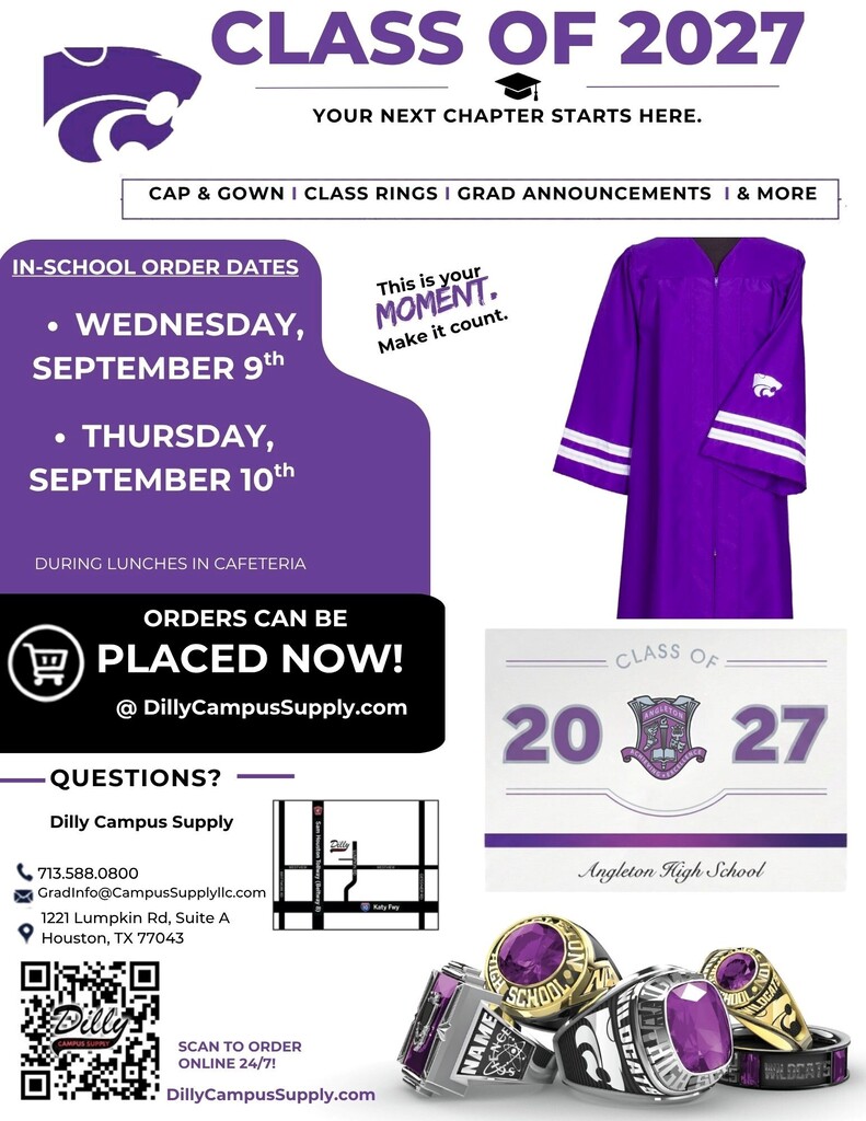 Class of 2027 Dilly Class Supply taking order 9/9 and 9/10 during lunches.