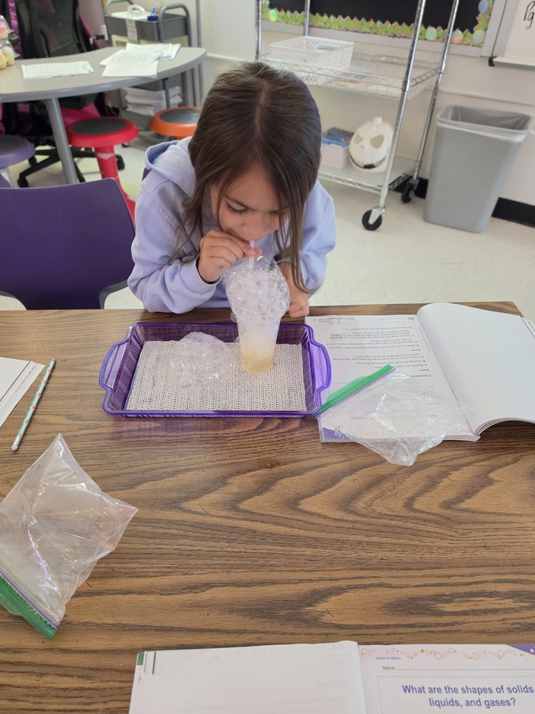 Science in action! Mrs. Edwards' 3rd graders spent the day exploring the states of matter. Through hands-on experiments, our young scientists trapped gases in bubble structures to answer the big question: What are the shapes of solids, liquids, and gases? Way to go, future scientists!