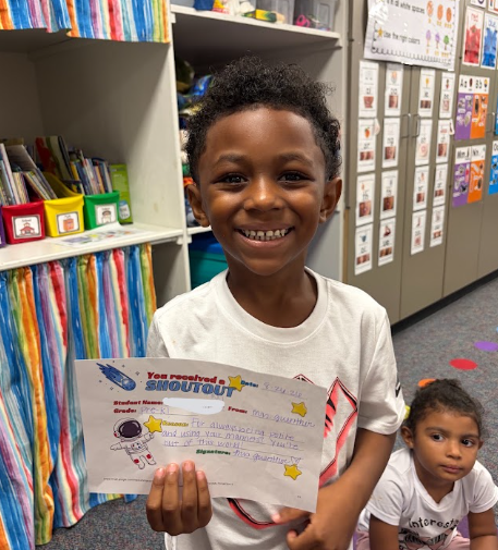 Big shoutout to this awesome Pre-K4 star! 🌟 He earned a special Shoutout from Mrs. Guenther for always being polite and using his manners—he's truly out of this world!