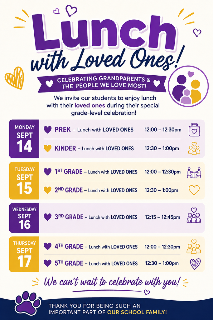 Day One of "Lunch with Loved Ones" was a huge success! 💜 It was wonderful seeing so many parents and grandparents in the cafeteria making lunchtime memories with our students. We can’t wait to welcome our next group tomorrow! 