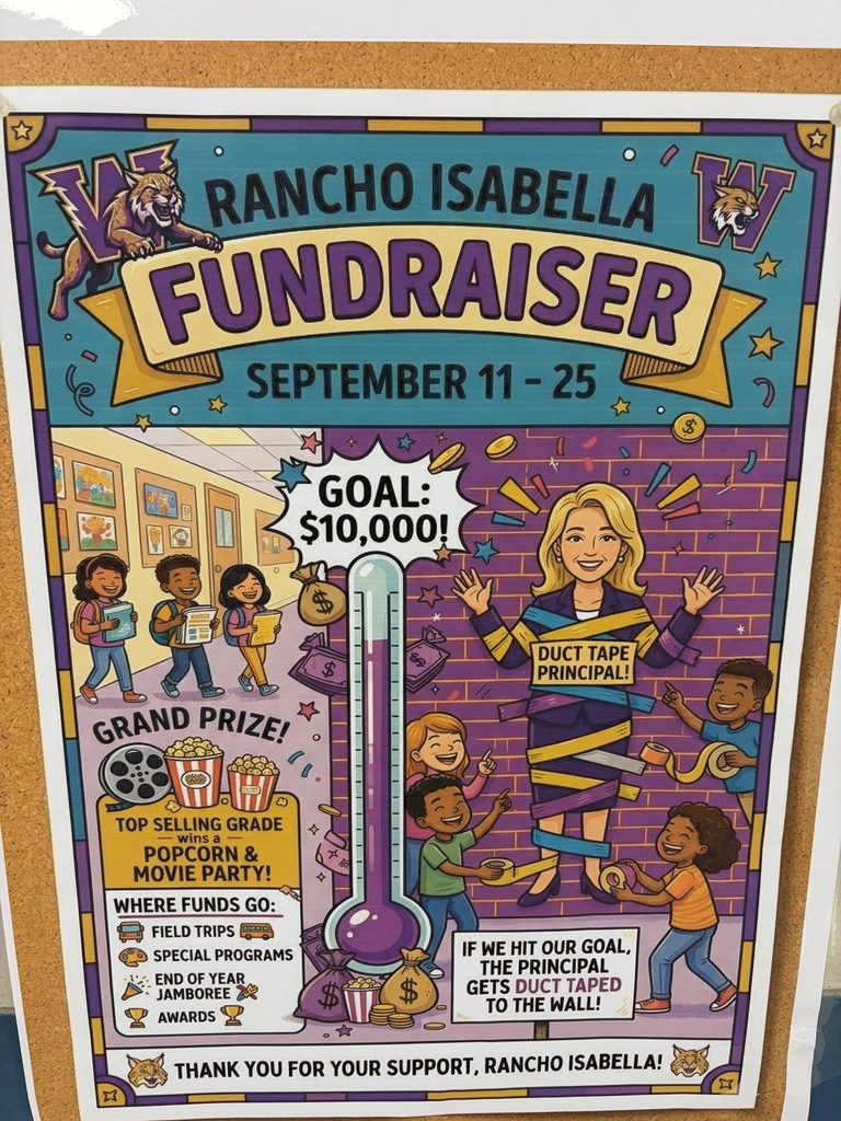 We are officially MORE THAN HALFWAY to our goal of duct taping our principal to the wall!   Every single dollar raised goes straight back to our kids—funding field trips, special school events, and educational programs.  ⚠️ Important Dates & Details: 📄 Paper order forms: Due this Friday! 💻 Online store: Extended through the weekend! 🎟️ Register online: Head to www.ShopFund.com (Group Code: RFNDD) by Sept 24th!  Bonus: Every student who registers online by tomorrow gets a Mystery Prize!  Let’s reach our $10,000 goal and give our students a memory they’ll talk about all year! Thank you for supporting Rancho Isabella Elementary!