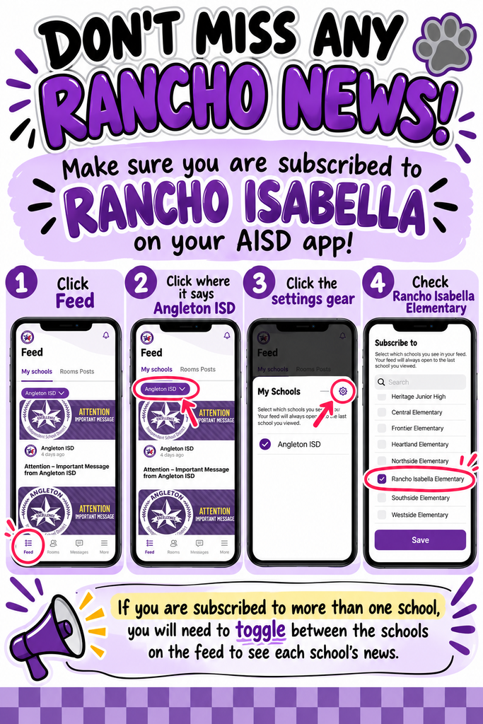 "Hi parents! To make sure you’re getting all class and school-wide updates, please double-check your AISD app settings. Follow the step-by-step guide in the attached image (shoutout to Mrs. Claus for making it!) to make sure Rancho Isabella Elementary is checked in your Feed settings! Thank you for staying connected!"   