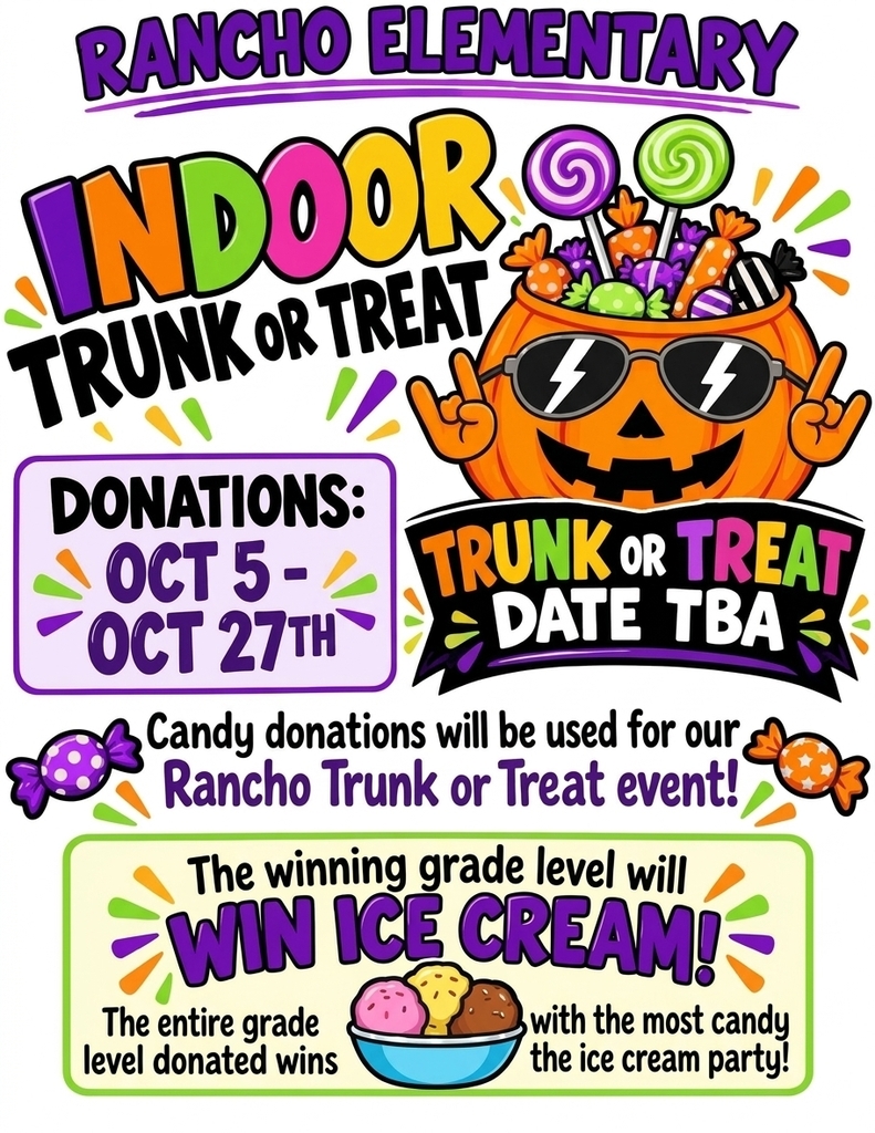 As we gear up for our Indoor Trunk or Treat, we’re calling on our amazing families to help us stock up on treats. Candy drop-offs are open Oct 5th–27th right on the stage. To add a little extra fun, the grade level with the highest total donations wins an ice cream party! Thank you for supporting our students and helping us make memories that last!