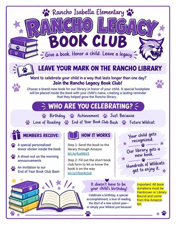Shoutout to these awesome brothers who joined the Rancho Legacy Book Club together! Thank you both for adding two fantastic new books (Wings of Fire and Dino-Thanksgiving) to our library collection for all of our Wildcats to enjoy! Want to celebrate your child and give back to our school library? Joining is simple: 📍 Step 1: Choose and purchase a book from our Amazon Wishlist: bit.ly/4saNbV1 📍 Step 2: Fill out the quick book club form: bit.ly/ribookclub Thank you for helping us grow a love for reading at Rancho Isabella!