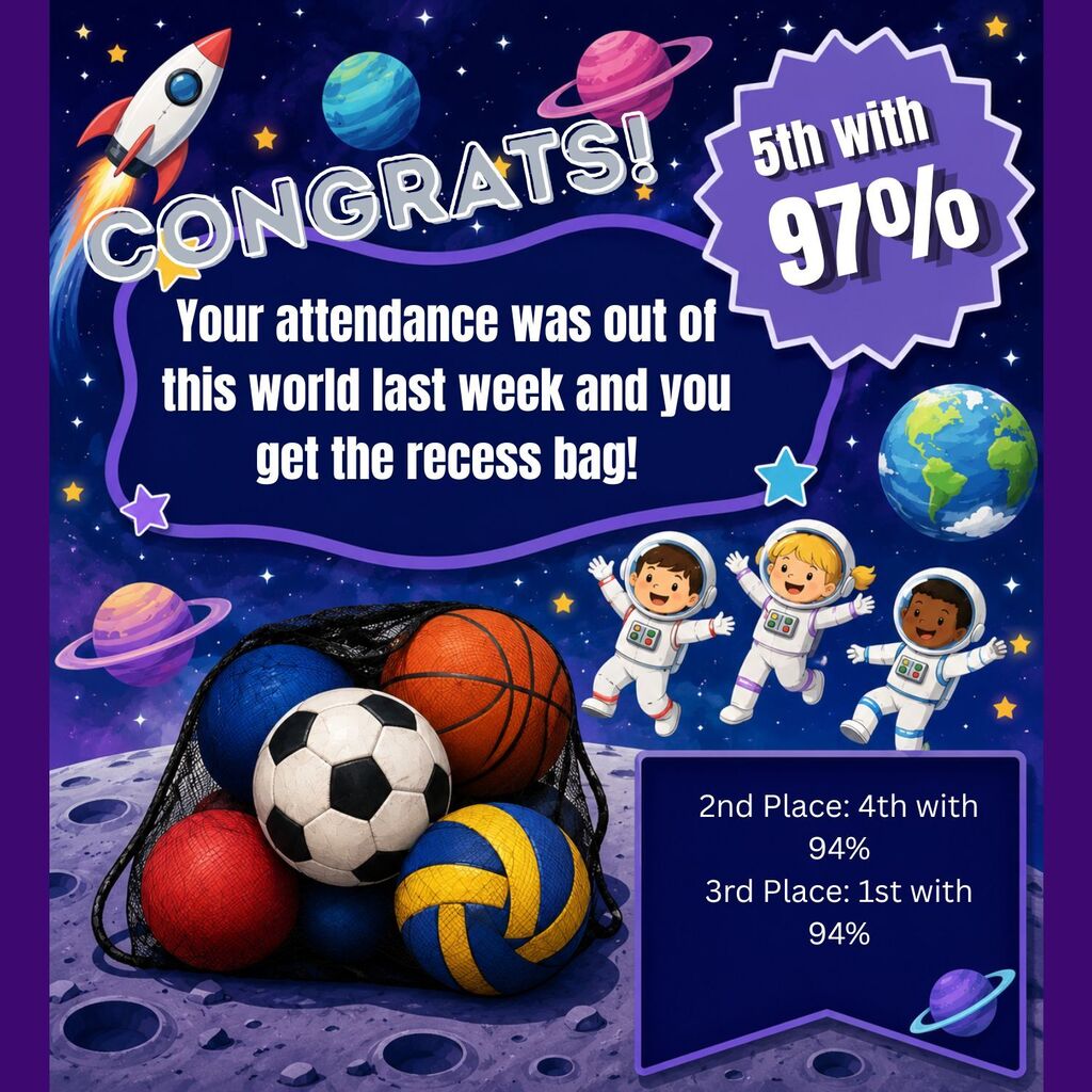 Huge congratulations to our 5th graders for earning 1st place in attendance with an incredible 97%! 👏 Every day present is a step toward success, and as a reward for showing up and working hard, 5th grade gets the Recess Bag full of fun games and sports equipment for the week! ⚽🏀