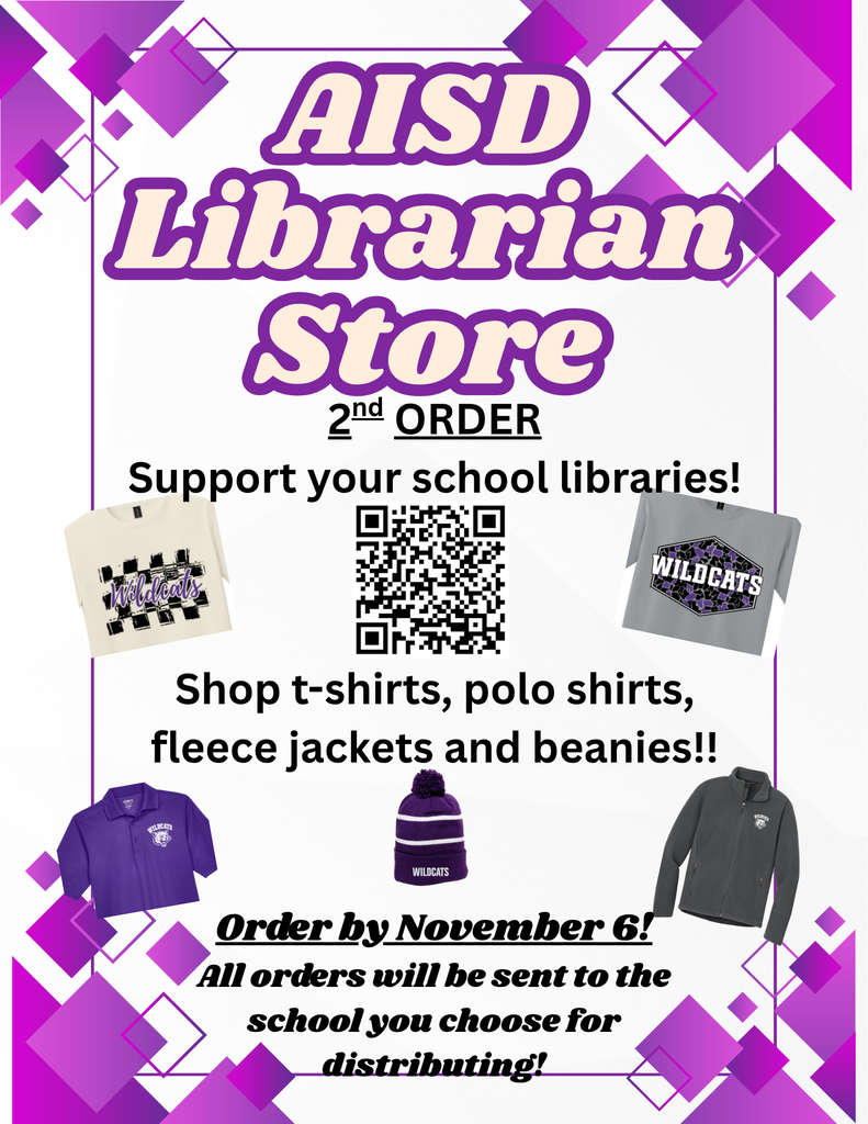 Did you miss out on the first round of Wildcat merch? You’re in luck! Our AISD Librarian Store is back open for a 2nd order run! Show your school pride and support our campus libraries at the same time.     👕 Available items: T-shirts, polo shirts, fleece jackets, beanies, and more!    📅 Order Deadline: November 6th    📦 Delivery: All items will be sent directly to your chosen school for distribution!     Shop online today: https://jmcustomscreenprinting.com/aisdwildcatmerch/shop/home