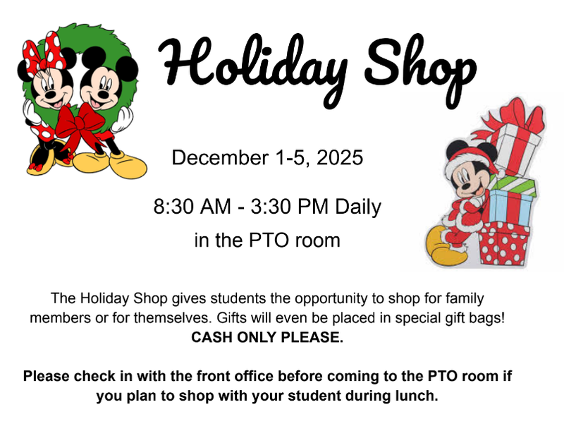 Holiday shop, music Program, holiday dress up days
