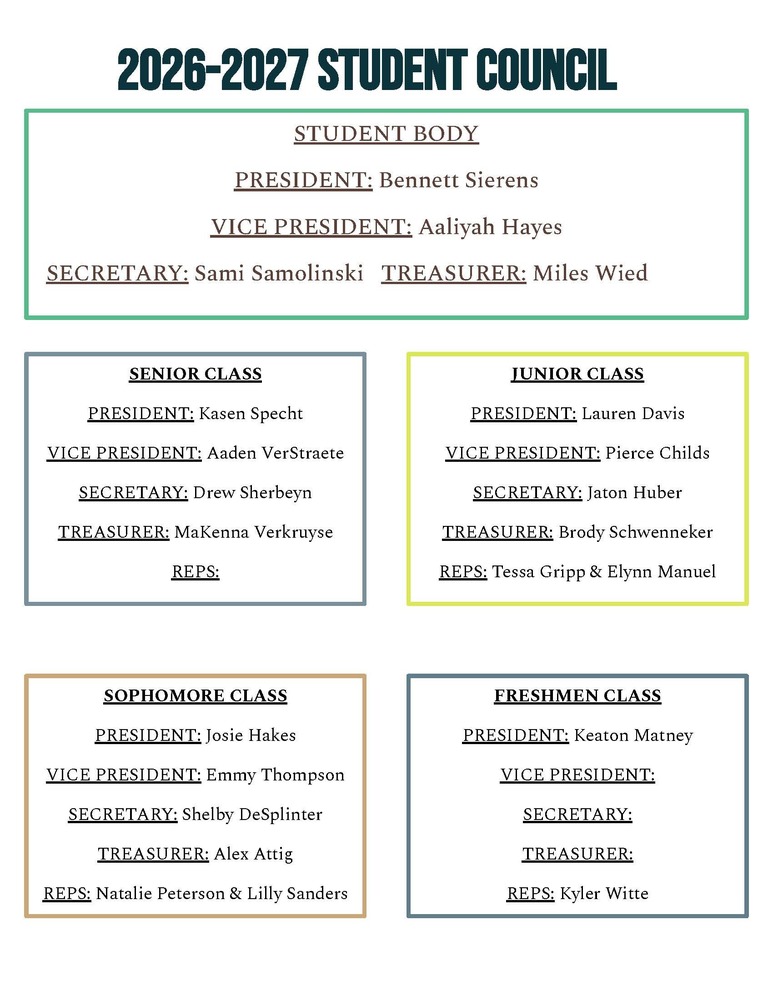 2026 - 2027 Student Council Members - a list of all classes and positions