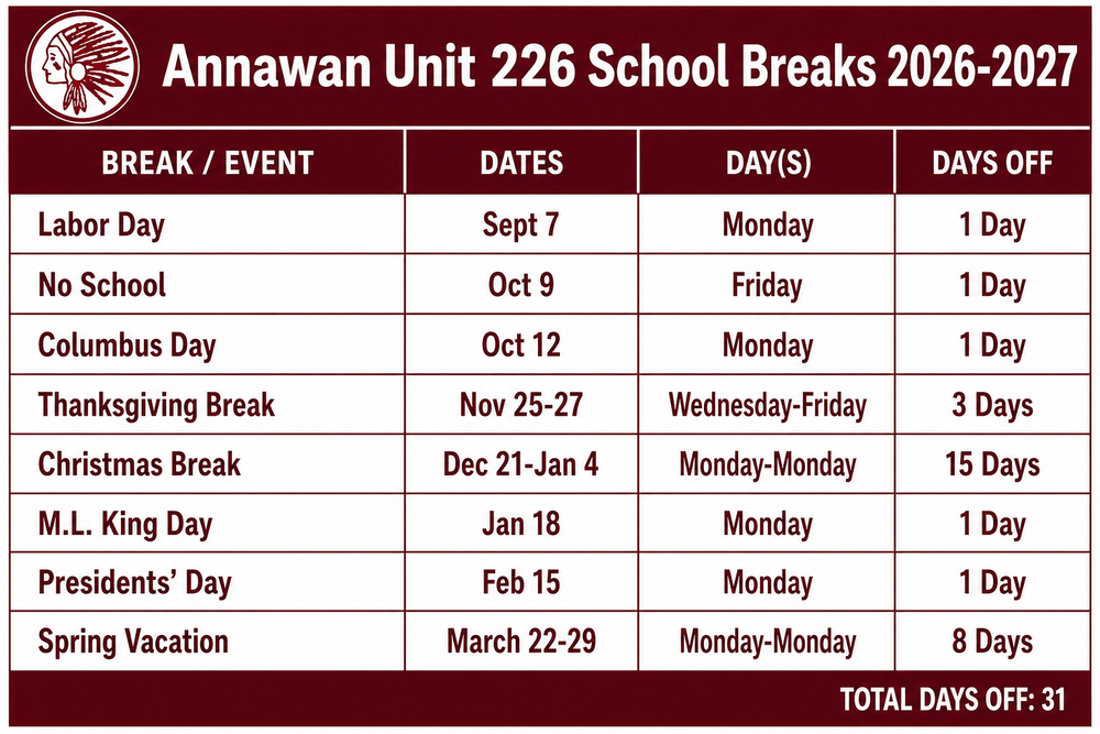list of school breaks during the 2026-27 school year