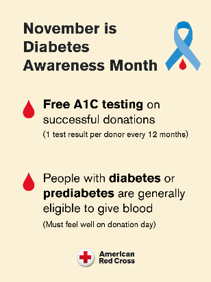 blood drive information - November is Diabetes Awareness Month - Free A1C testing