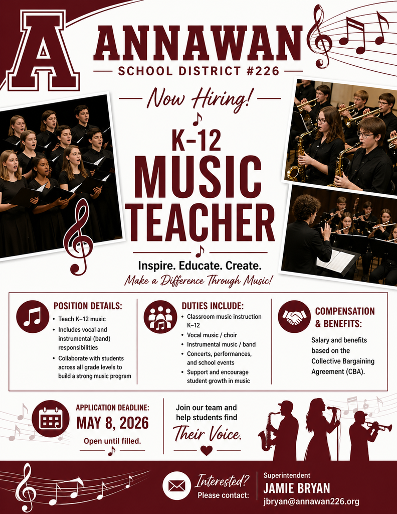 Annawan School District is hiring a K-12 music teacher.  Come join our team!