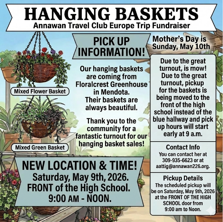 Hanging Baskets - Pickup Location - Saturday May 9th - Front of High School - 9am to Noon