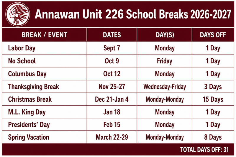list of school district breaks for the 2026-27 school year