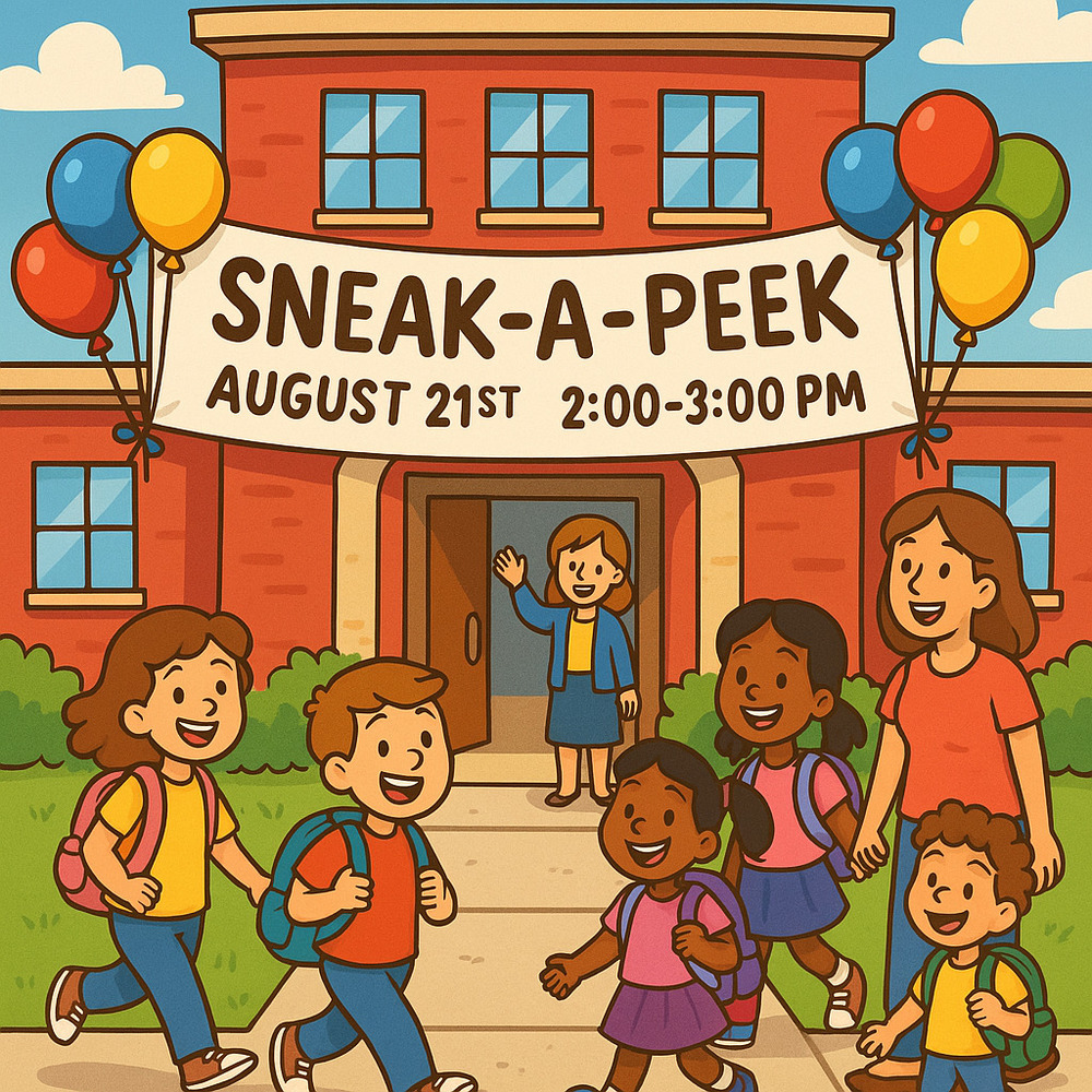 Sneak a Peek sign with elementary school children