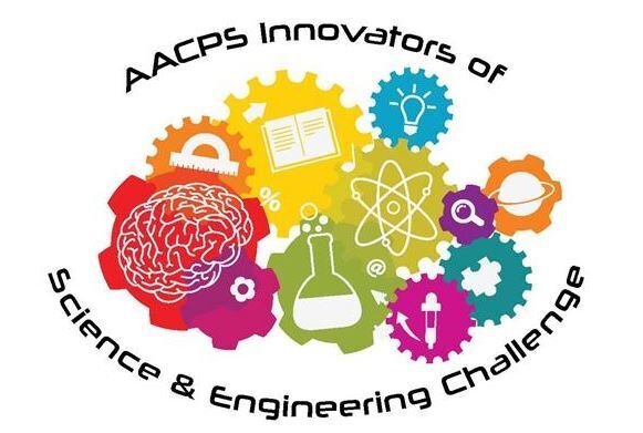 AACPS Innovators of Science & Engineering Challenge with colorful science-related images such as a brain, energy nucleus, protractor, book, puzzle piece, Jupiter, gear images, idea lightbulb, and flask