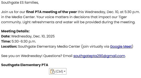 PTA Meeting Reminder